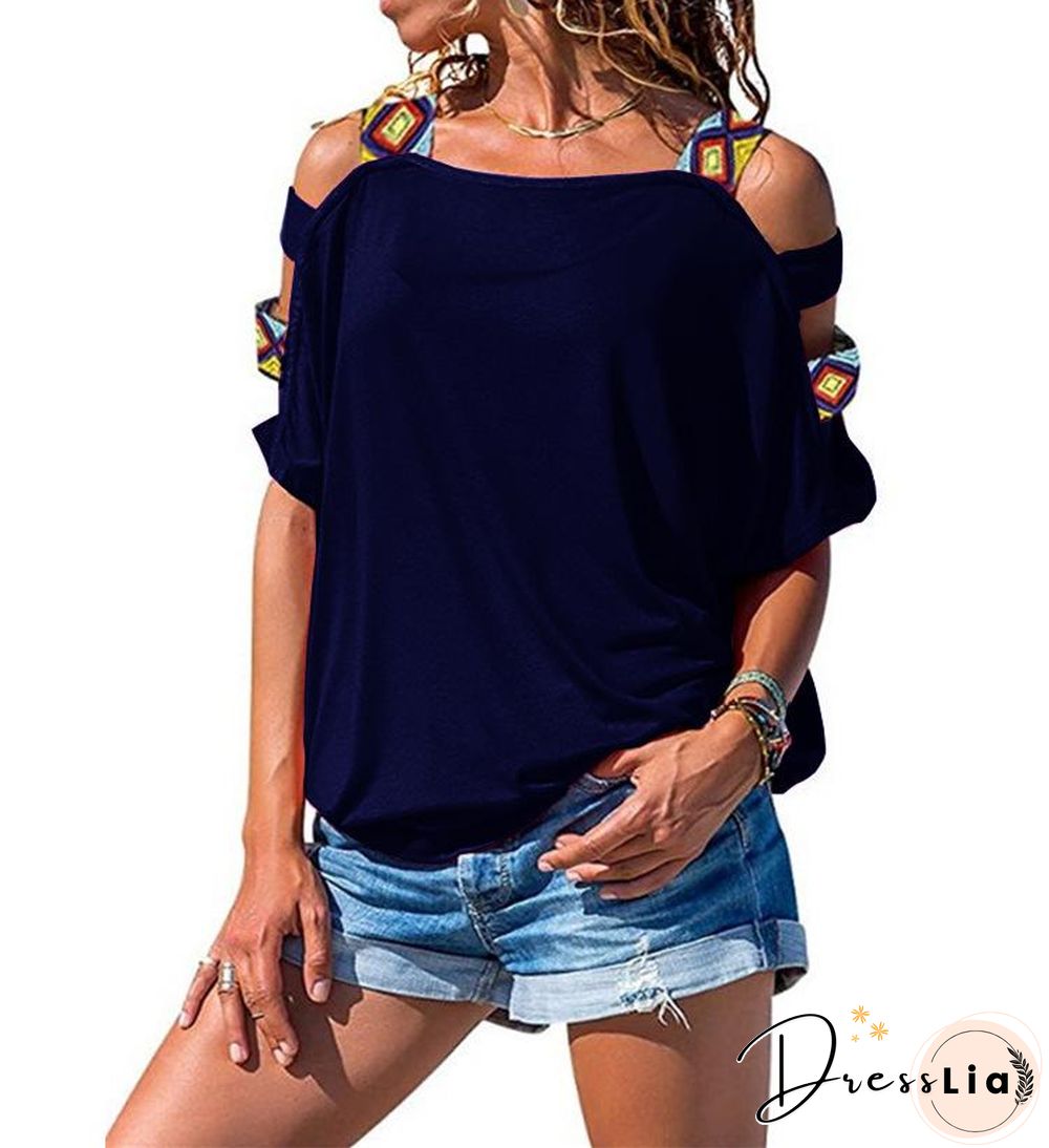 Women's Solid-colored Hollow Short-sleeved Off-the-shoulder T-shirt Top