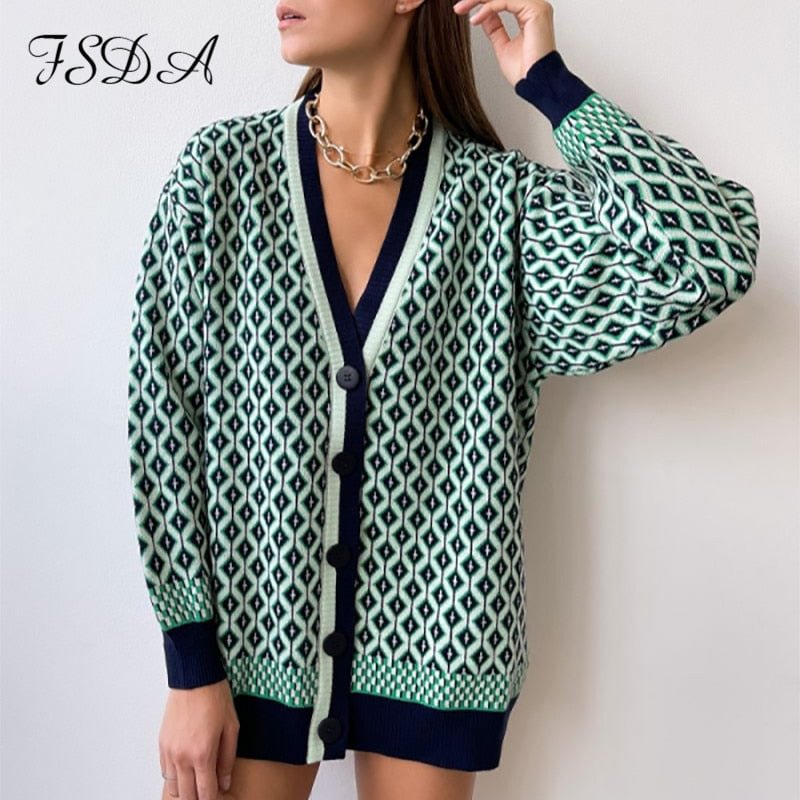 FSDA Autumn Winter Green Oversized Cardigan Knitted Women V Neck 2021 Long Sleeve Fashion Loose Sweater Casual