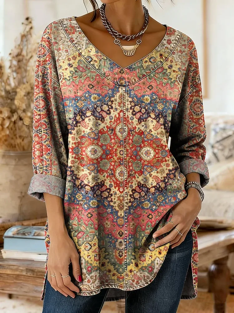 Women's National Totem Art Print Casual Washed Denim Cotton Top