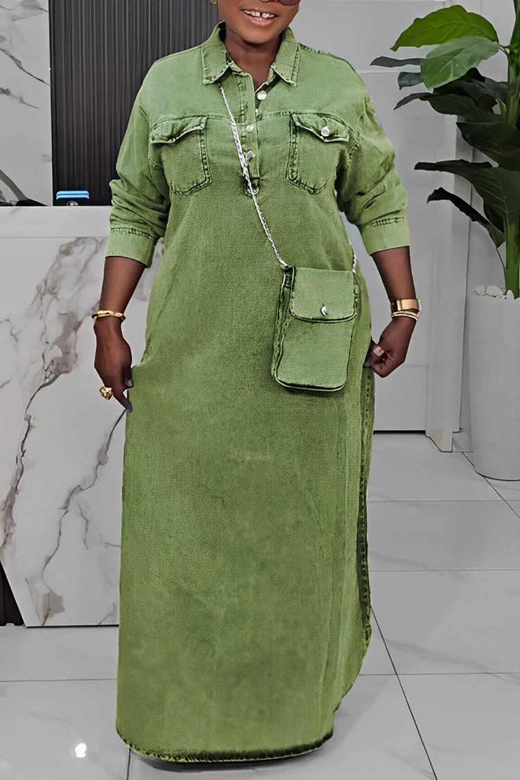 Plus Size Daily Light Blue Shirt Collar Long Sleeve Button Pocket Tencel Denim Maxi Dresses 2024 - Xpluswear