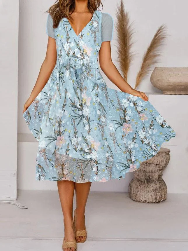 Women Short Sleeve V-neck Printed Lace Midi Dress