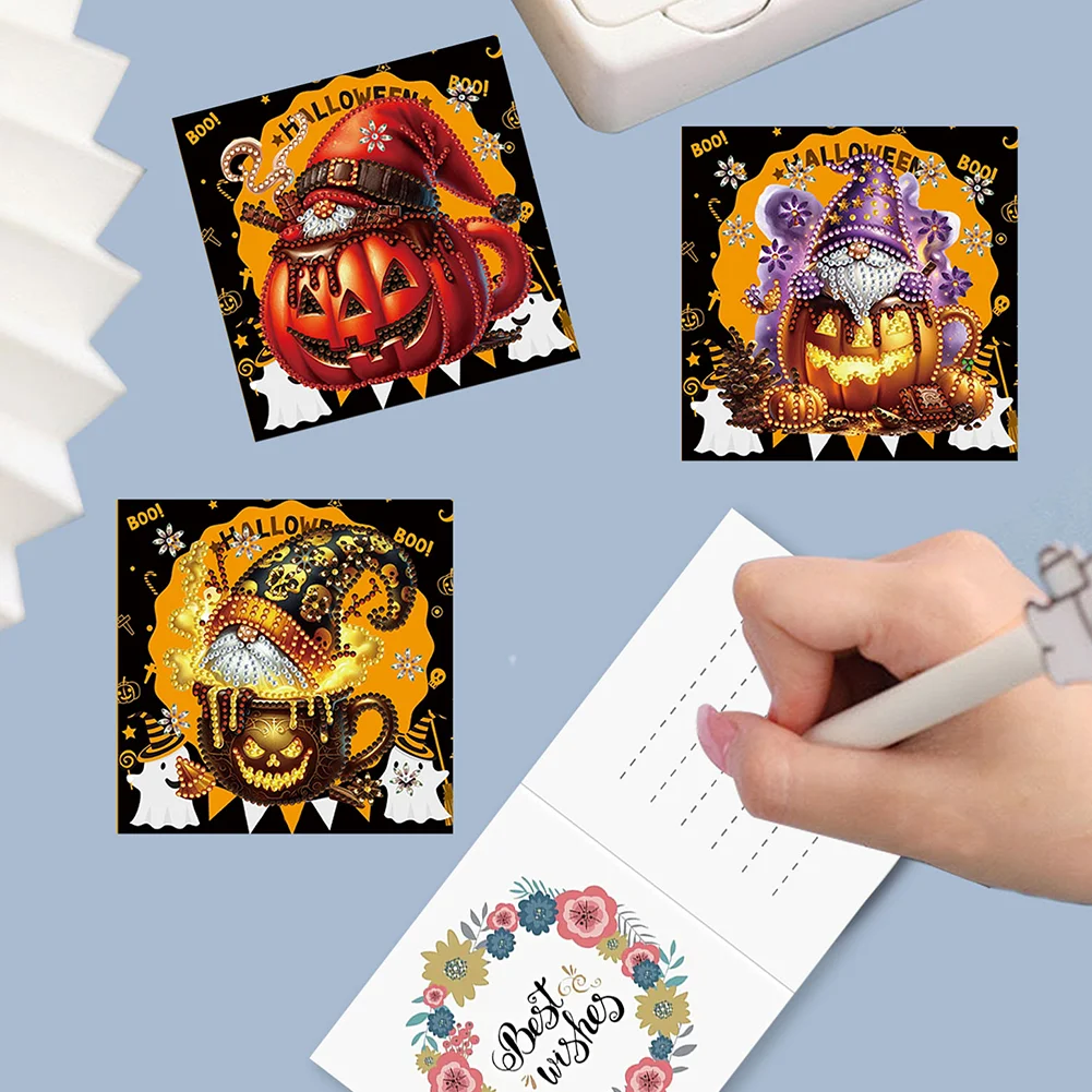 6pcs DIY Halloween Pumpkin Gnome Special Shape Diamond Painting Greeting Card Kit【With White Envelope】