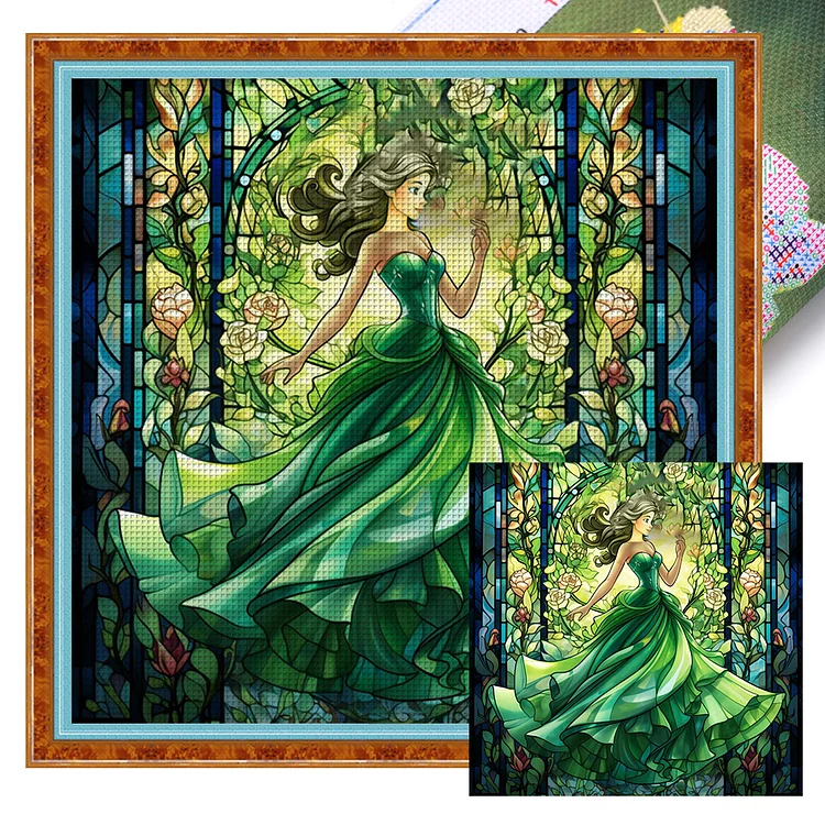 【Huacan Brand】Glass Art-Princess In Green Dress 14CT Stamped Cross Stitch 50*50CM