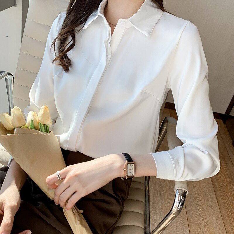 QOERLIN 8 Colors Women Satin Blouse Long Sleeve Single-Breasted Turn-Down Collar Solid Work Wear White Champagne White S-2XL Top