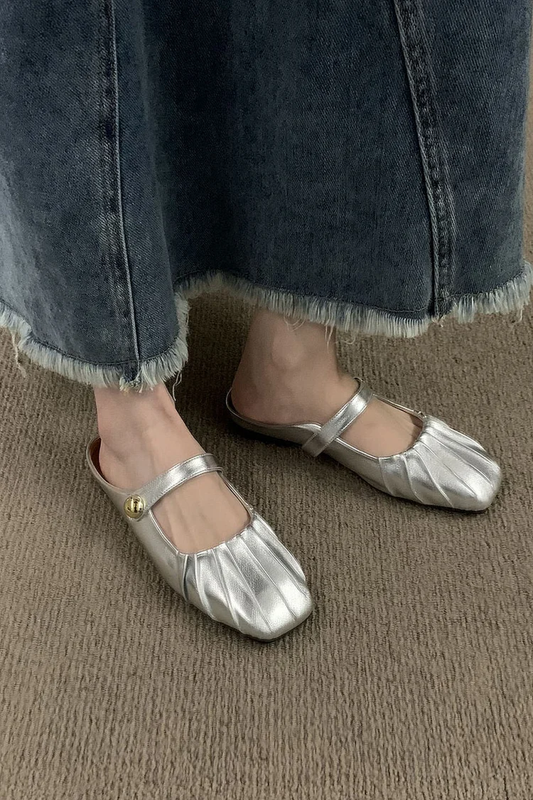 Square Toe Pleated Metallic Decor PU Leather Sandals
