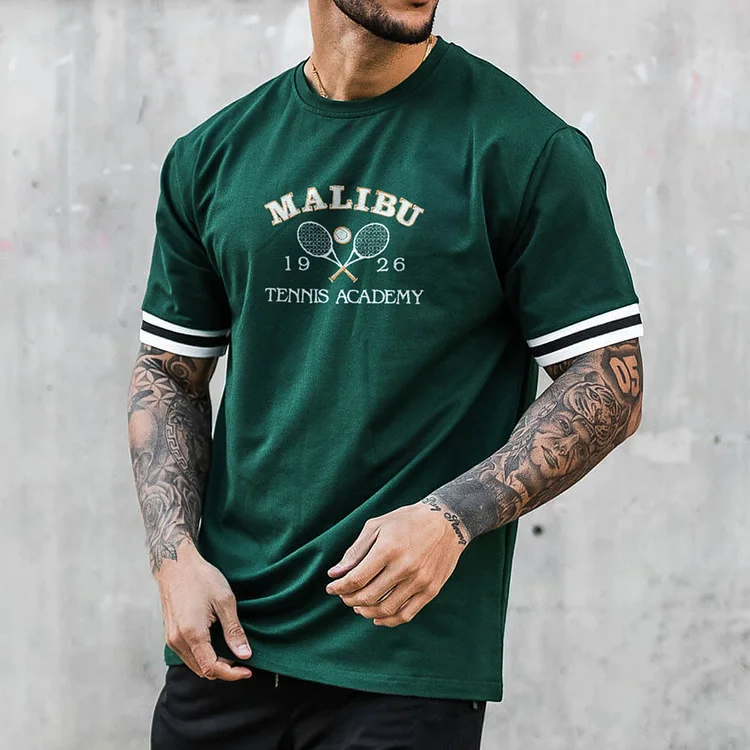 Malibu Tennis Print Casual Color Block Short Sleeve T-Shirt