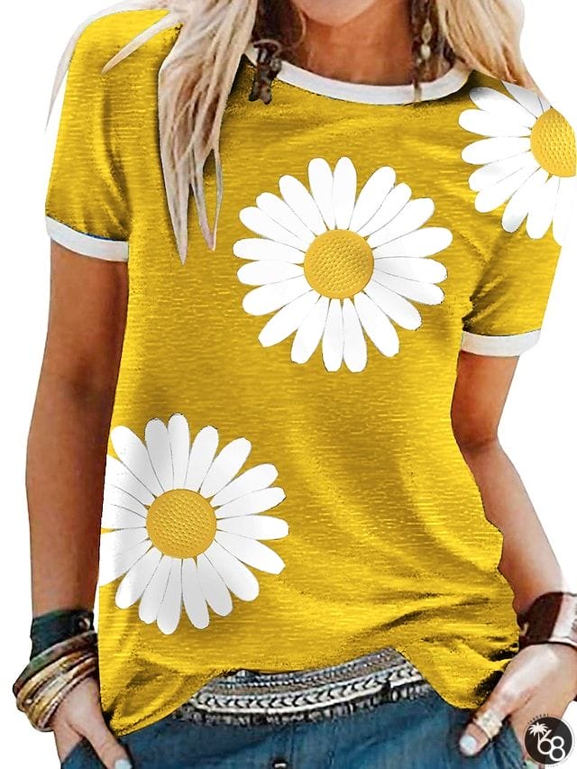 Women's T shirt Tee Yellow Red Blue Floral Sunflower Short Sleeve Daily Round Neck Loose Fit S | 168DEAL