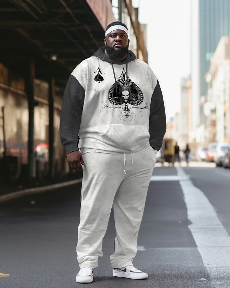 Men's Plus Size Casual Hip Hop Skull Poker A Hoodie Two-Piece Set