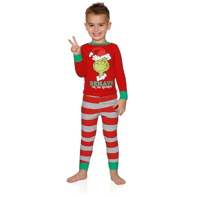 Christmas Matching Pajamas Grinch Print Daily Red Long Sleeve Set