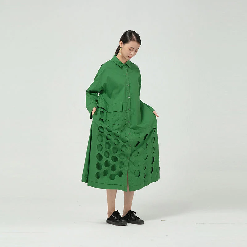 UForever21 Women Green Irregular Hollow Out Big Size Shirt Dress New Lapel Long Sleeve Loose Fit Fashion Spring Autumn 2023