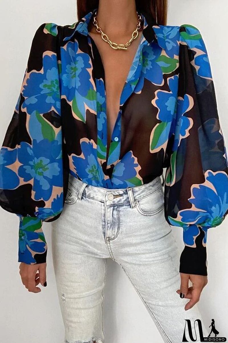 MidiSono - Elegant Floral Patchwork Turndown Collar Tops