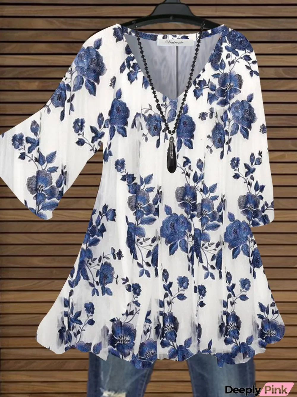 Women Blue Color Half Sleeve V-neck Floral Printed Top Dress