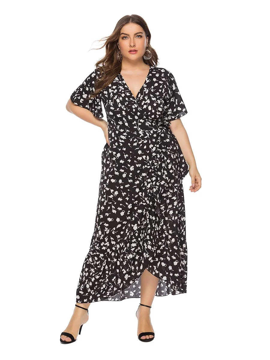 Plus Size Dress Split Small Floral V Neck Short Sleeve Dress