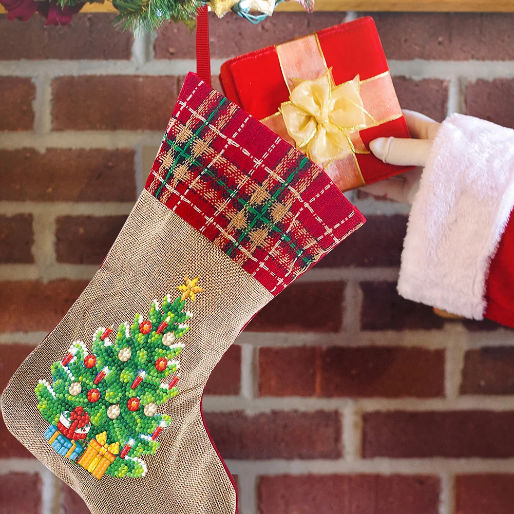 DIY Tree Christmas Socks Decor DIY Diamond Art Kits for Family Party Decoration(20*35cm)
