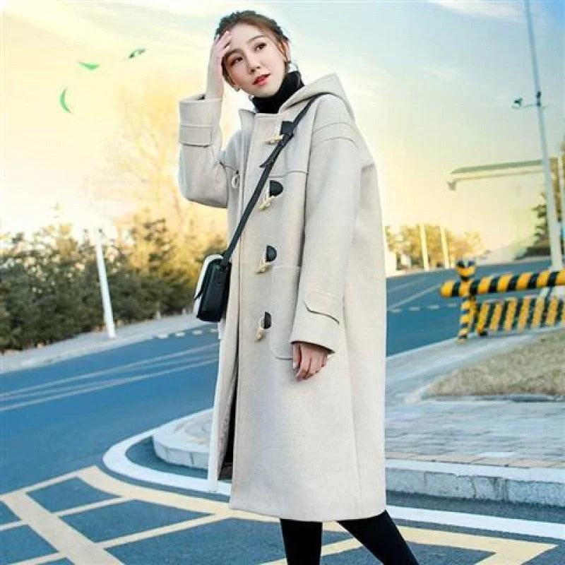 Ox Horn Button Wool Coat Women's Middle Long Autumn And Winter Department Student Sen Department Hooded Woolen Coat Women's