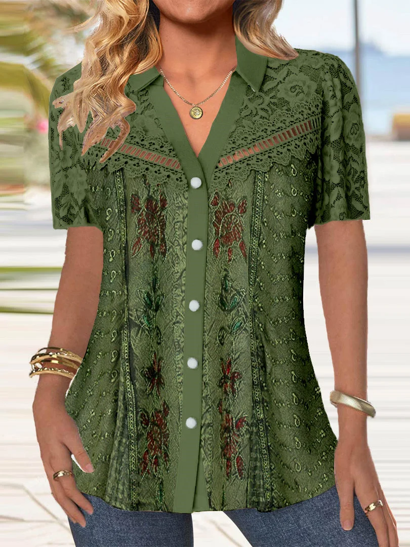 Women's Short Sleeve V-neck Graphic Printed Lace Stitching Tops