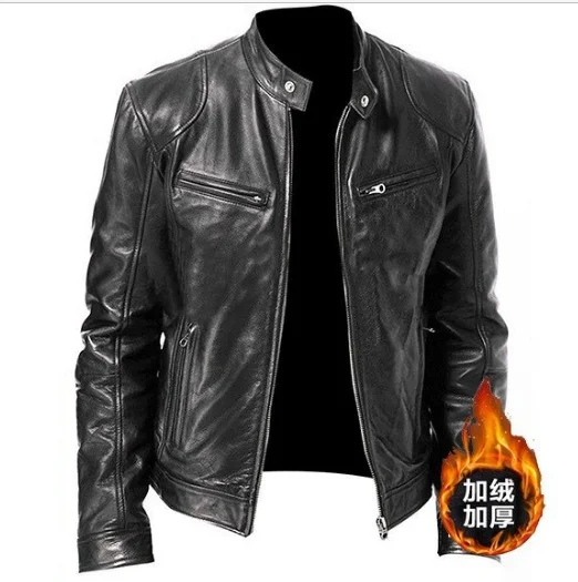 Uveng Uveng Business Gentleman Warm Zipper Open Shirt Pocket Decoration PU Leather Jacket Collar Collar Zipper Leather Jacket