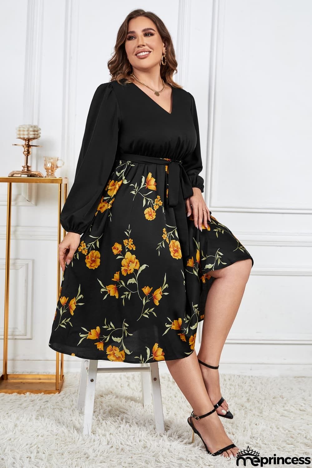Melo Apparel Plus Size Floral Print Tie Belt V-Neck Balloon Sleeve Midi Dress