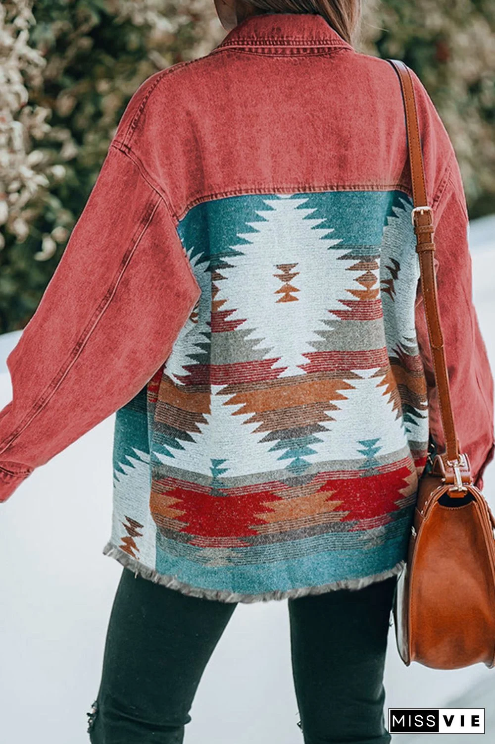 Distressed Aztec Denim Jacket Coat