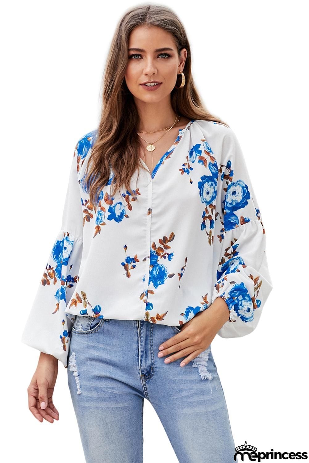 Ballon Sleeve Floral Shirt Top
