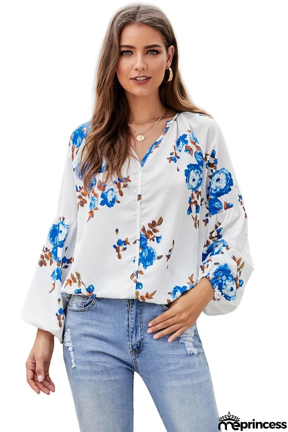 Ballon Sleeve Floral Shirt Top