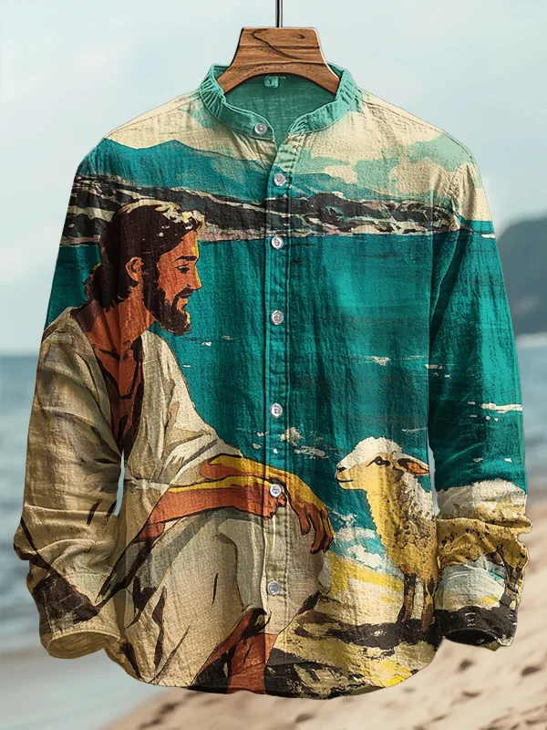 Men's Jesus And Lamb Watercolor Art Print Long Sleeve Shirt