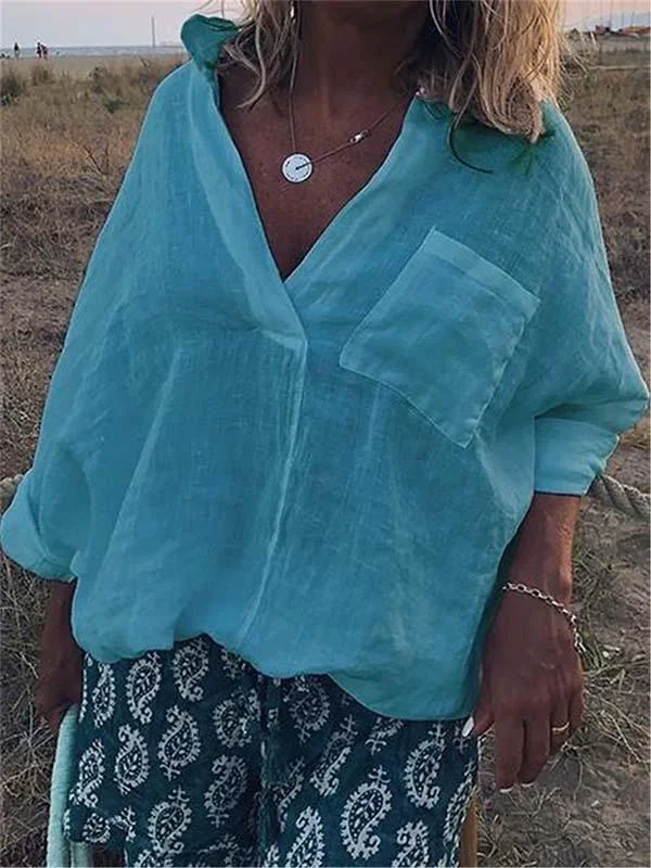 Cotton Linen V-Neck Wild Long-Sleeved Shirt