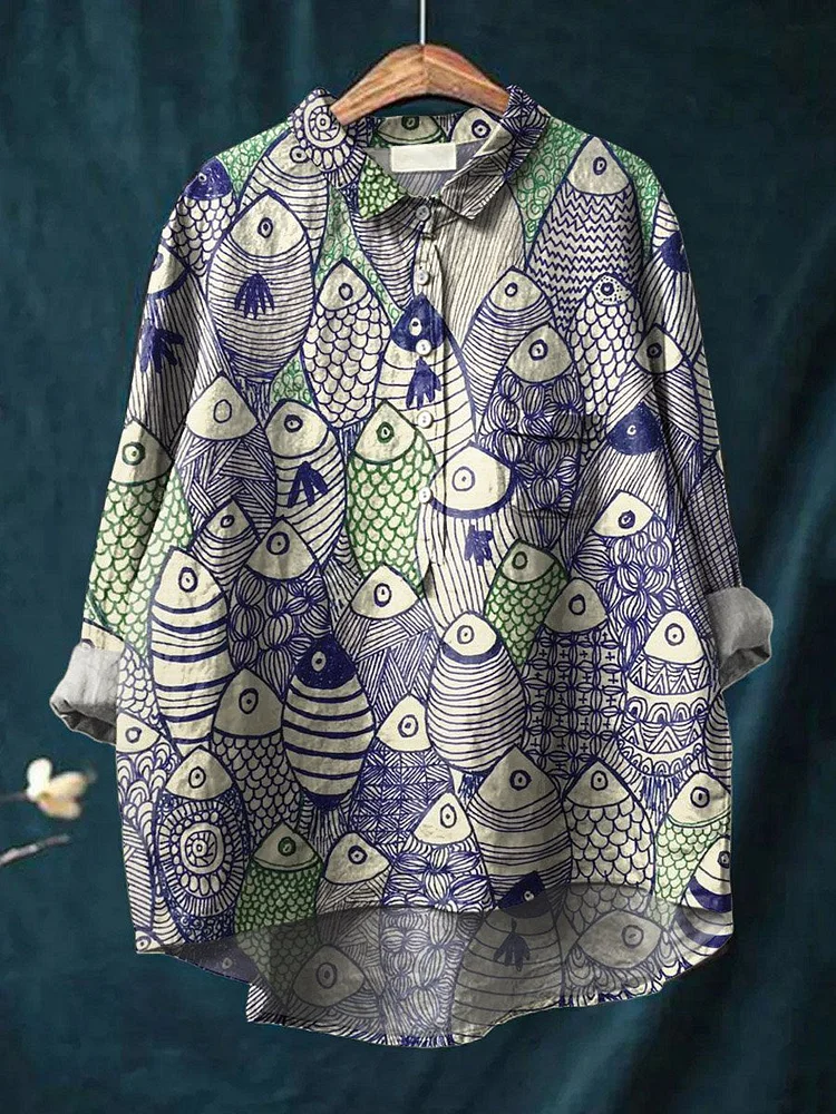 Vintage Lovely Fish Art Print Casual Cotton And Linen Shirt