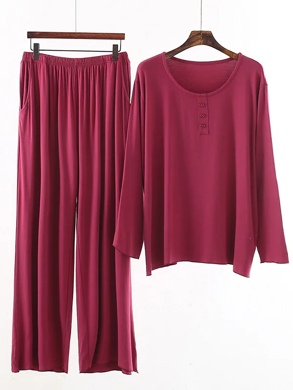 Roomy Long Sleeves Pure Color Round-Neck T-Shirt Top&Pants Pajamas Set