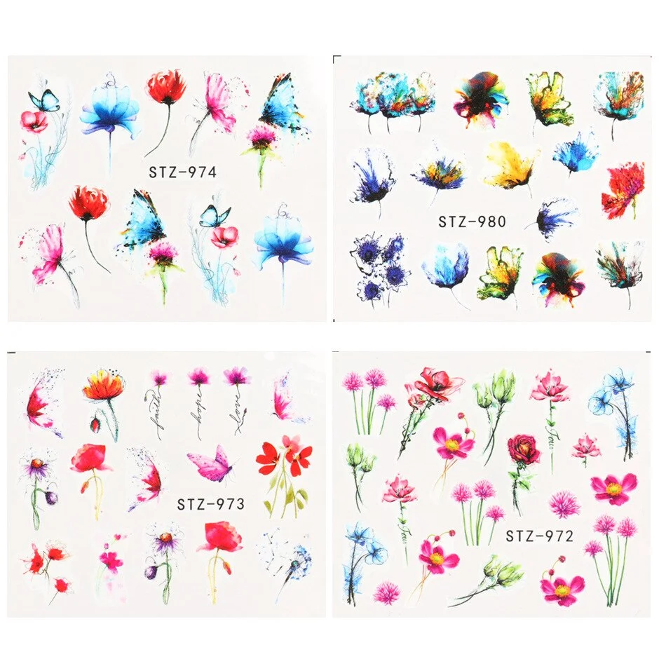 Nail Stickers Water Transfer Multiple Colors Ink Flower Leafs Designs Nail Decal Decoration Tips For Beauty Salons-Nail Inspo