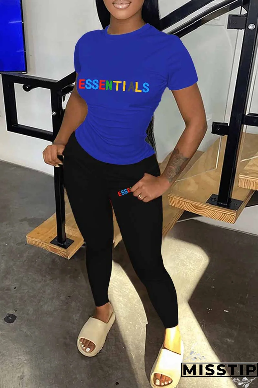 Blue Black Casual Print Letter O Neck Short Sleeve Two Pieces