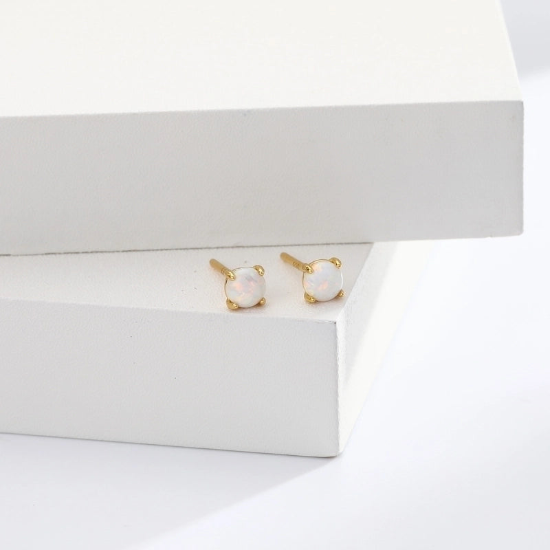 1 Pair 925 Sterling Silver Opal Geometric Ear Studs