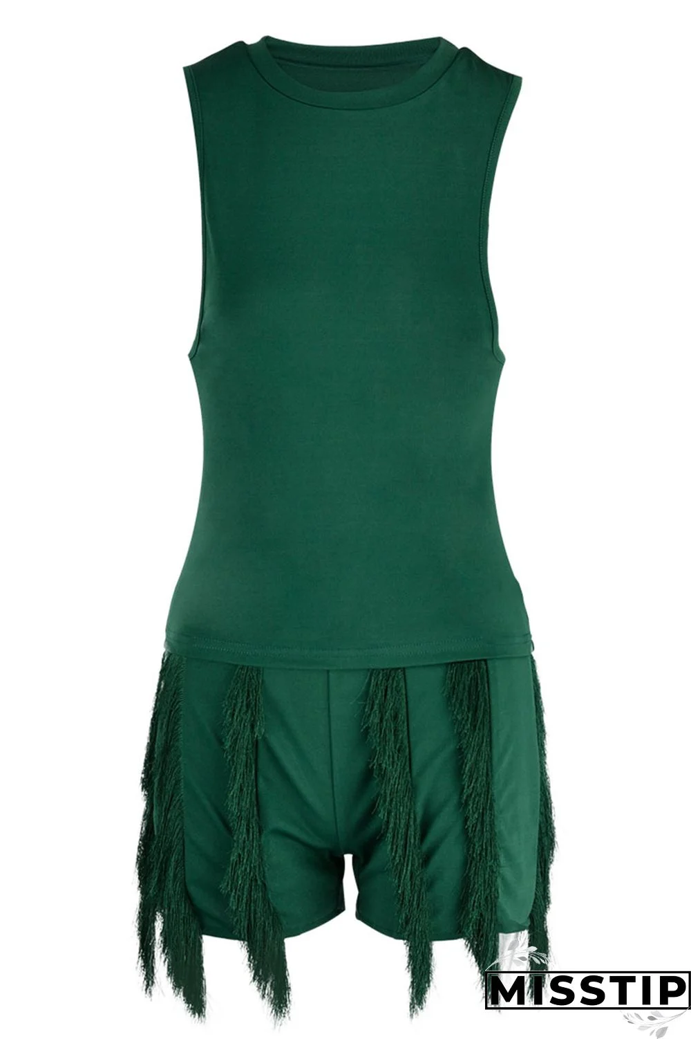 Peacock Blue Casual Solid Tassel Patchwork O Neck Sleeveless Two Pieces