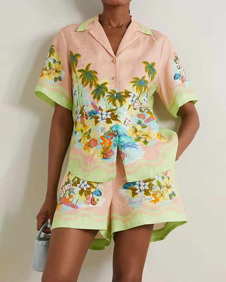 Loose Resort Fashion Short Sleeve Top Shorts Two-Piece Set