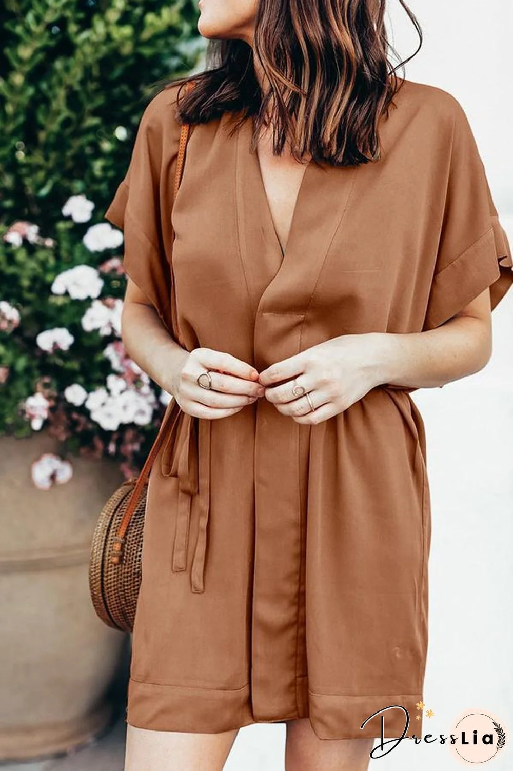 Short Sleeve V-Neck Button Tie Dress