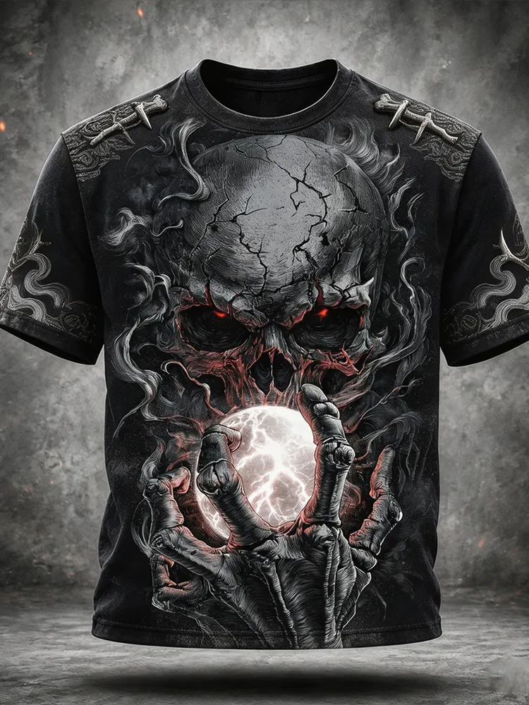 Men's Dark Gothic Halloween Horror Rock Punk Skull Hand Holding Lightning Crystal Ball Print Short-sleeve T-shirt