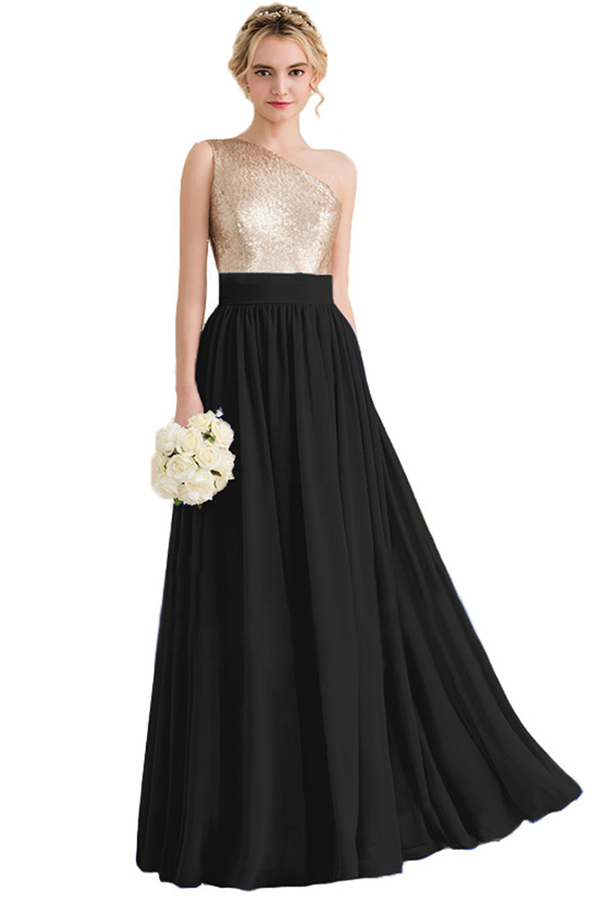 One Shoulder Sequins Long Bridesmaid Dress