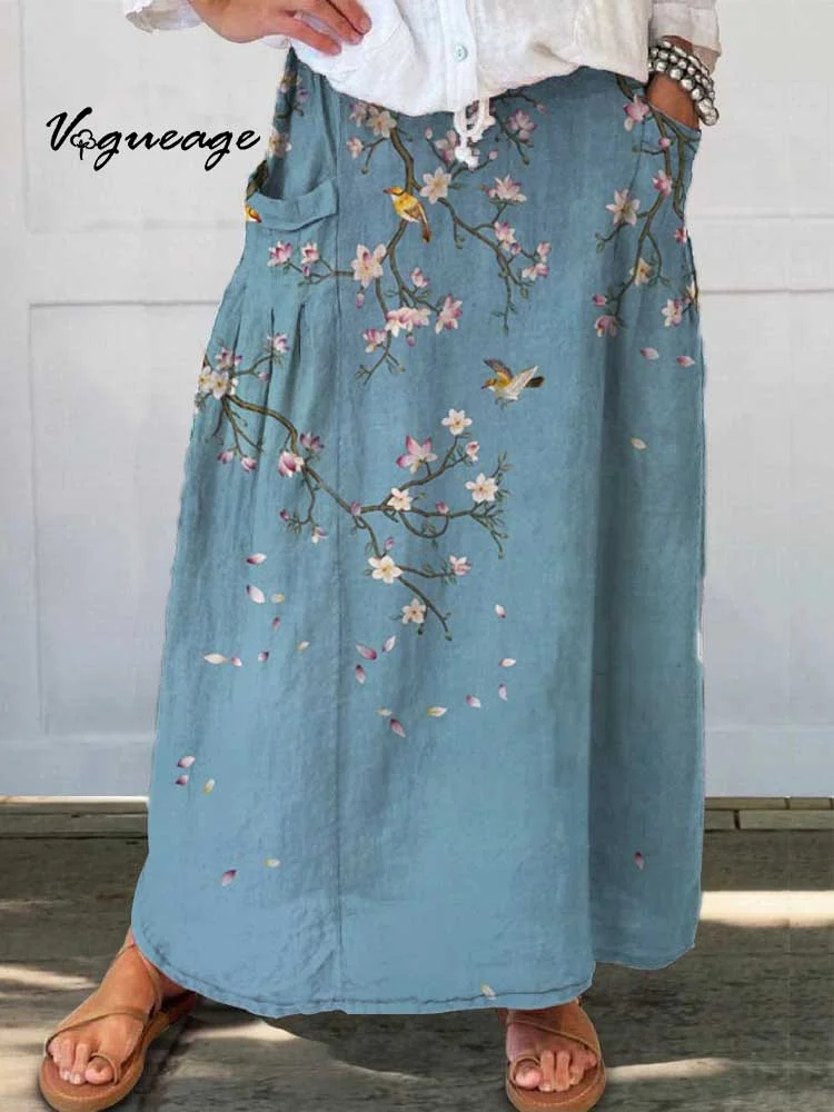 Simple Ink Painting Of Flowers And Sparrows Printed Women's Casual Cotton And Linen Skirt