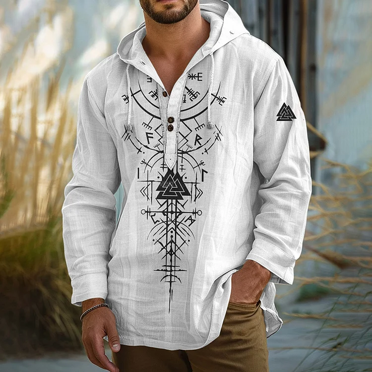 Vintage Viking Art Men's Linen Hooded Shirt