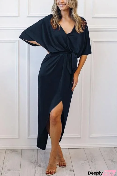 V Neck Belt Slit Bat Maxi Dresses