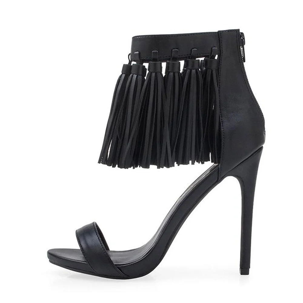 Chic Open Round Toe Tassel Decor Back Zipper Black Heels Sandals