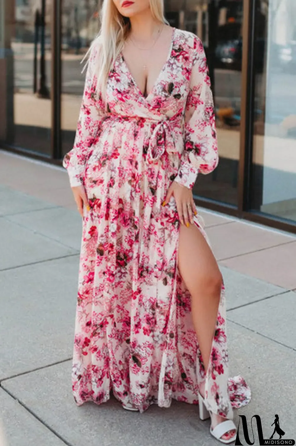 MidiSono - Pink Wrap V Neck Floral Maxi Dress