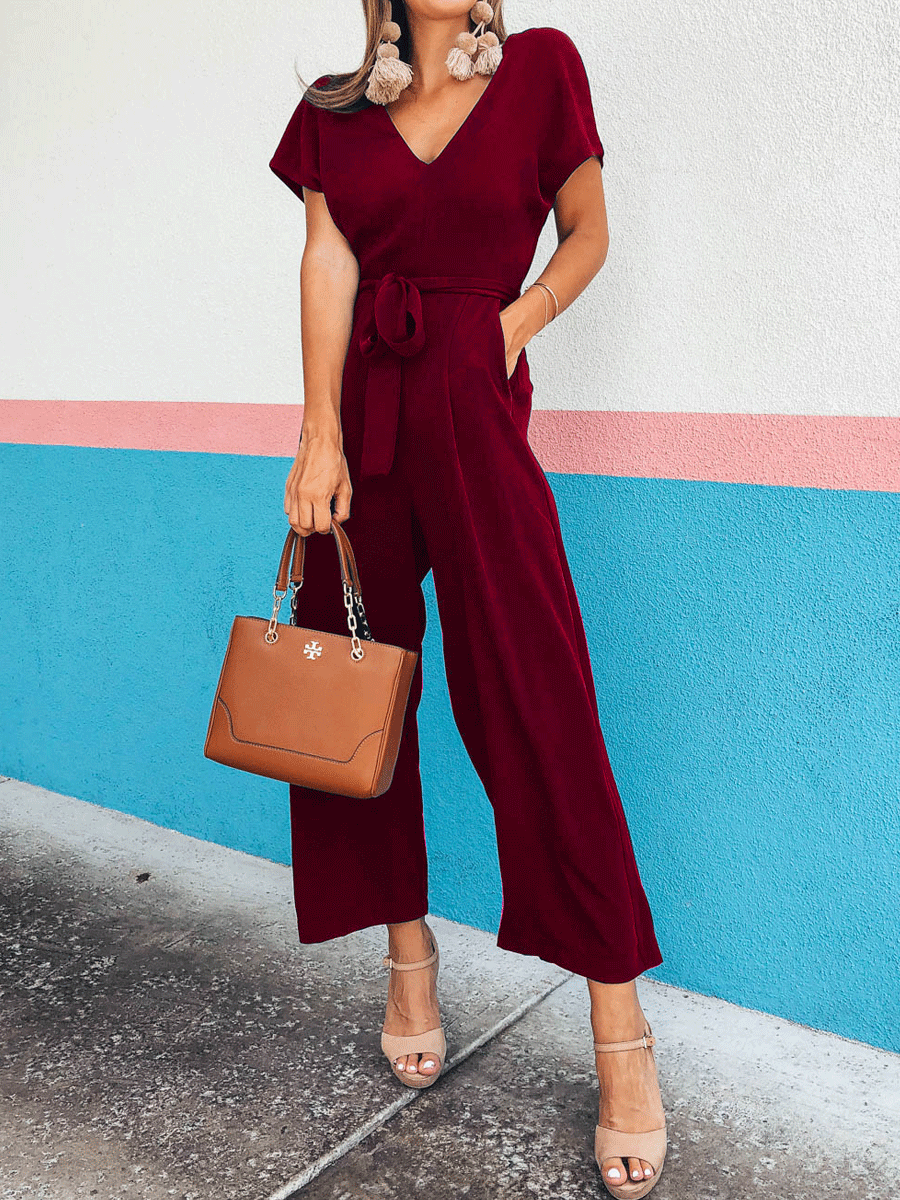 V-neck Solid Color Jumpsuit