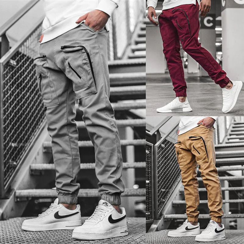 Men's workwear trousers, woven multi-pocket casual pants, drawstring pants