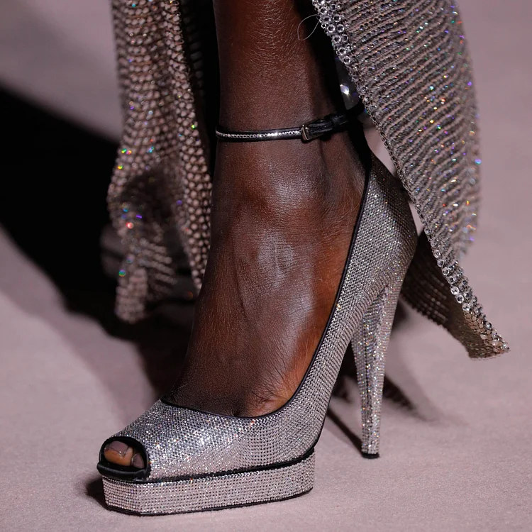 Silver Rhinestone Heels Ankle Strap Platform Pumps |FSJ Shoes