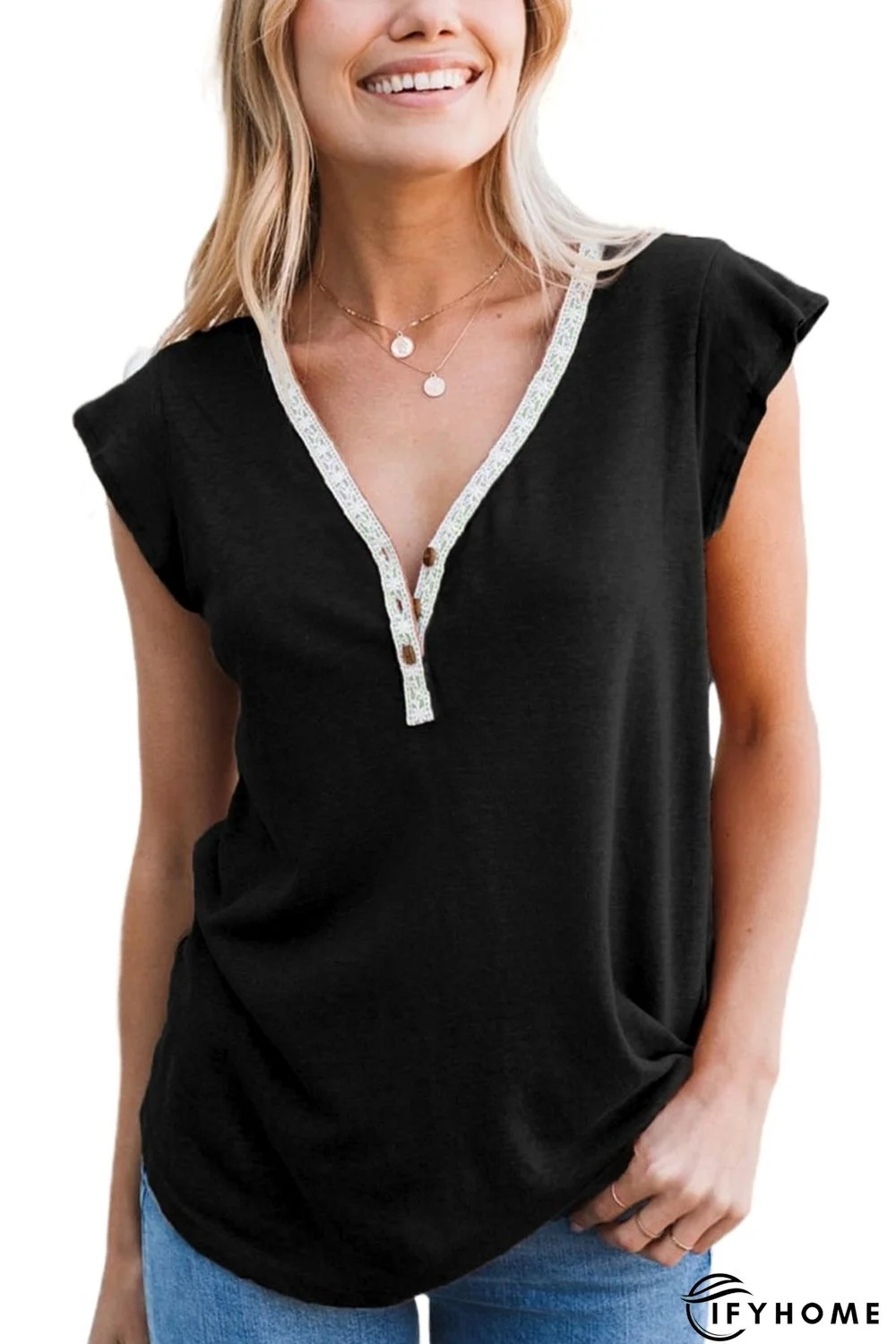 Black V Neck Buttoned Lace Trim Short Sleeve Tee | IFYHOME