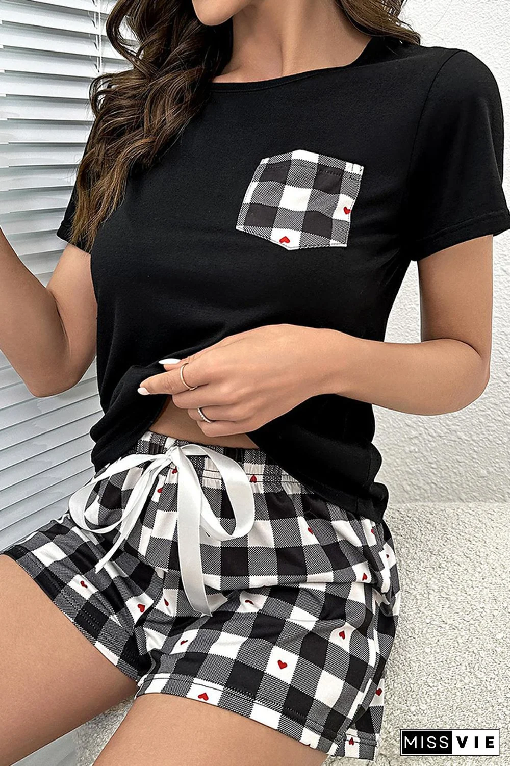 Black Plaid Pockets Short Sleeves Top With Shorts 2pcs Lounge Set