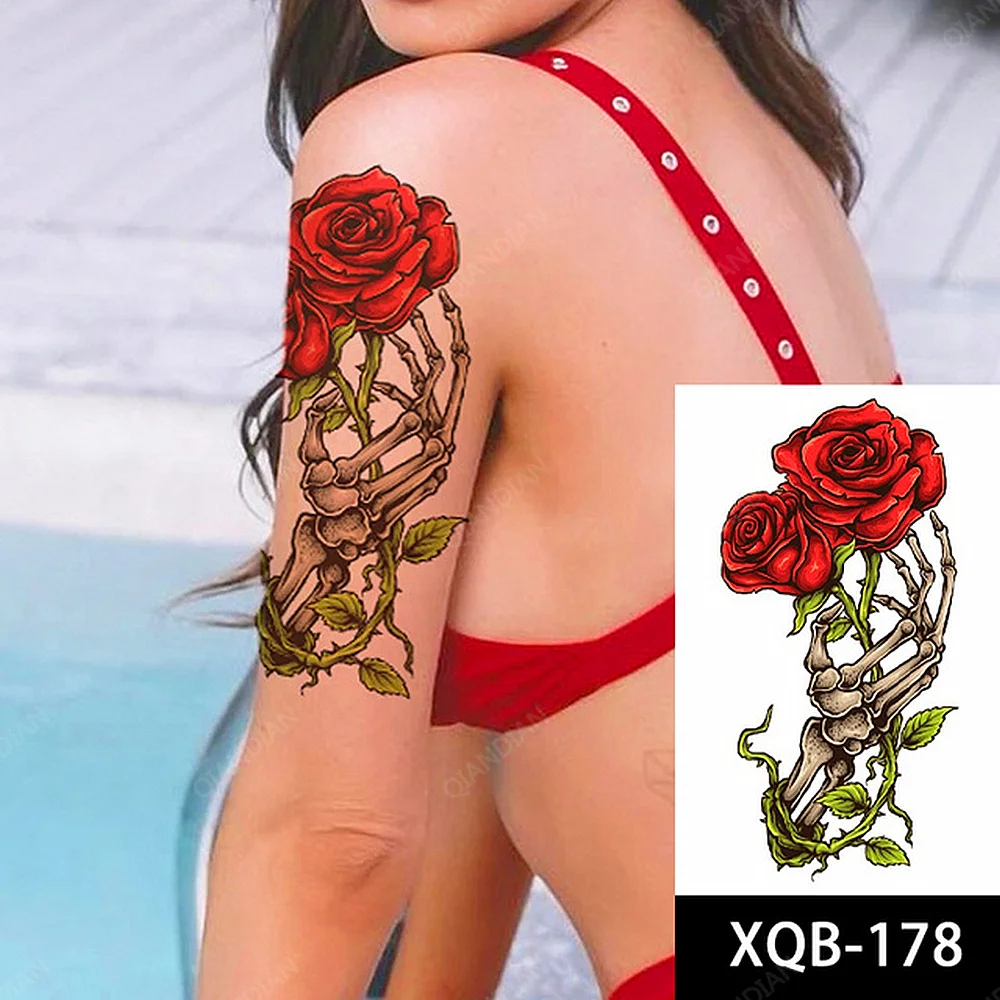 Sdrawing Flower Rose Women Waterproof Temporary Tattoos Fake Stickers Body Arm Cool Art Big Hipster Sexy Colorful Skeleton Paws
