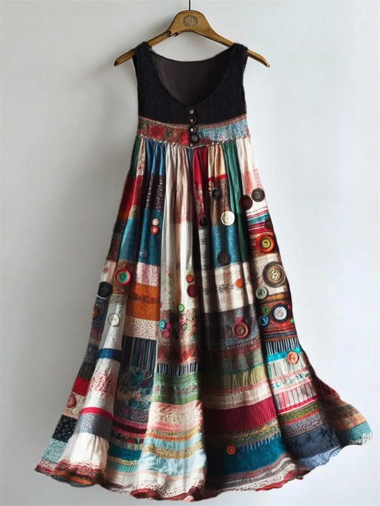 Boho Colorful Textile Flowy Linen Blend Tank Dress