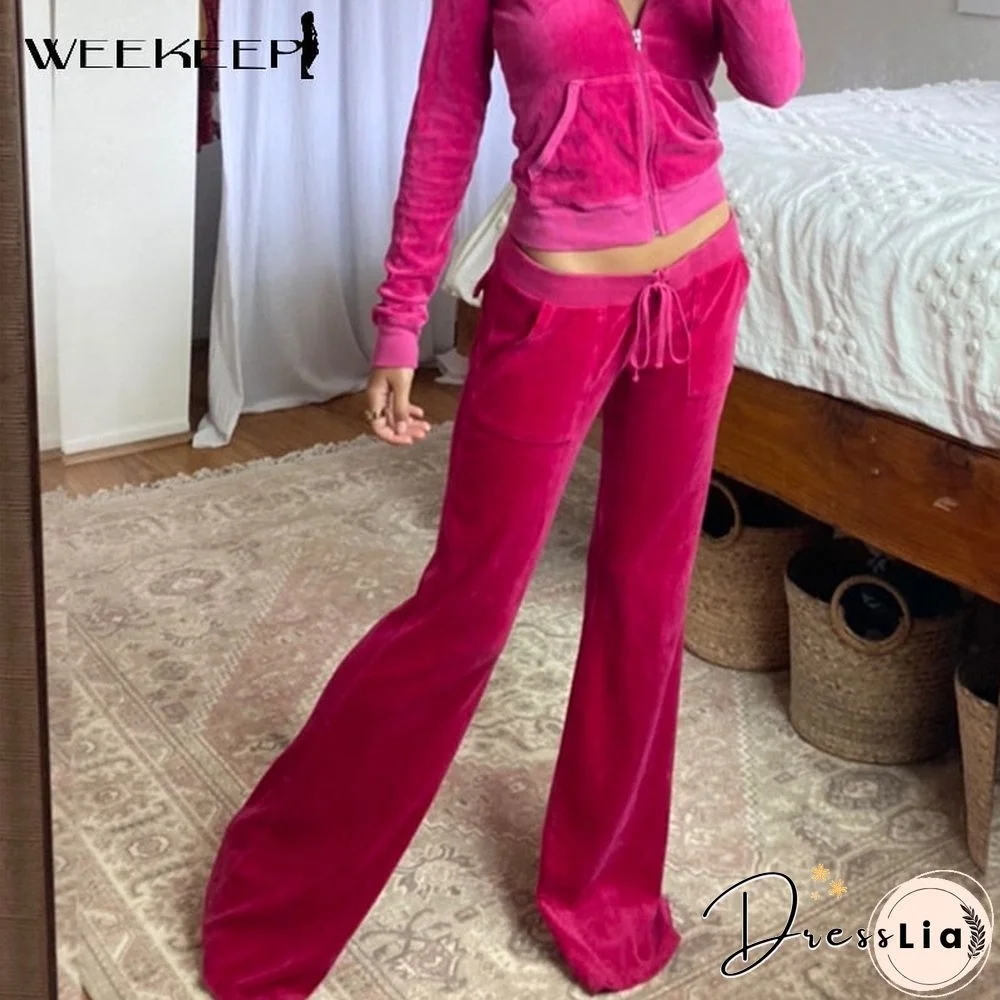 Weekeep Velvet Casual Pants Women Streetwear High Waist Tie Up Loose Flare Jogger Autumn New Aesthetic Pink Cute Pocket Trousers